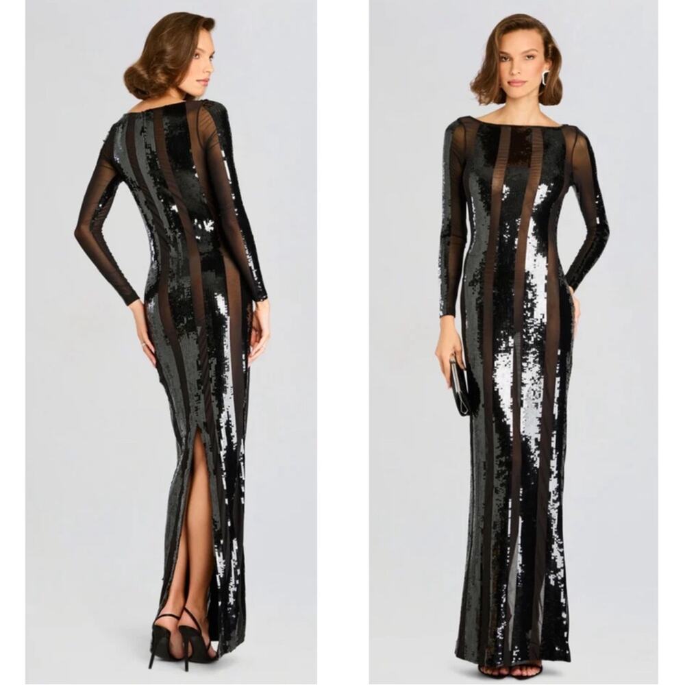 RETROFETE Elsi Sequin Embellished Sheer Long Sleeve Black Maxi Dress Size Large